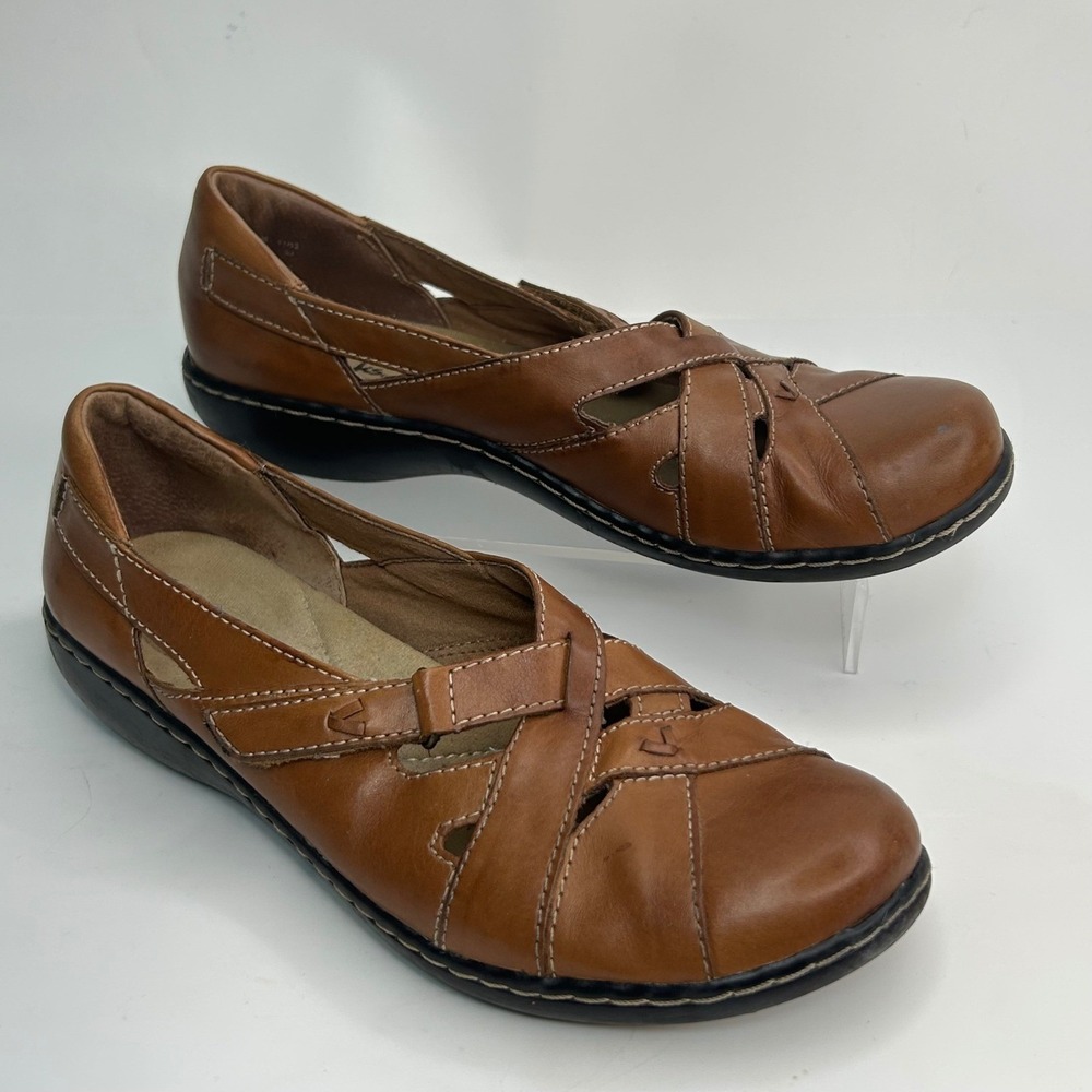 Clarks Bendables Womens 8.5 M Brown Leather Strappy Cutout Slip On Loafers 65077